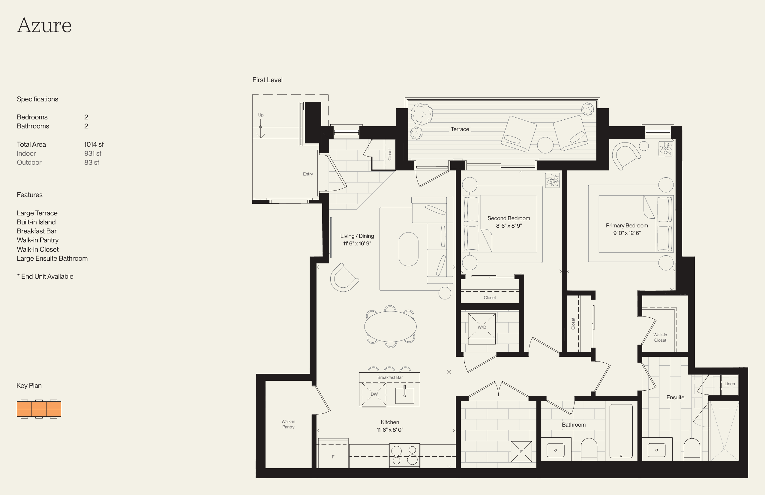 Azure floor plan — 2 Bed, 2 Bath, 931 sq ft