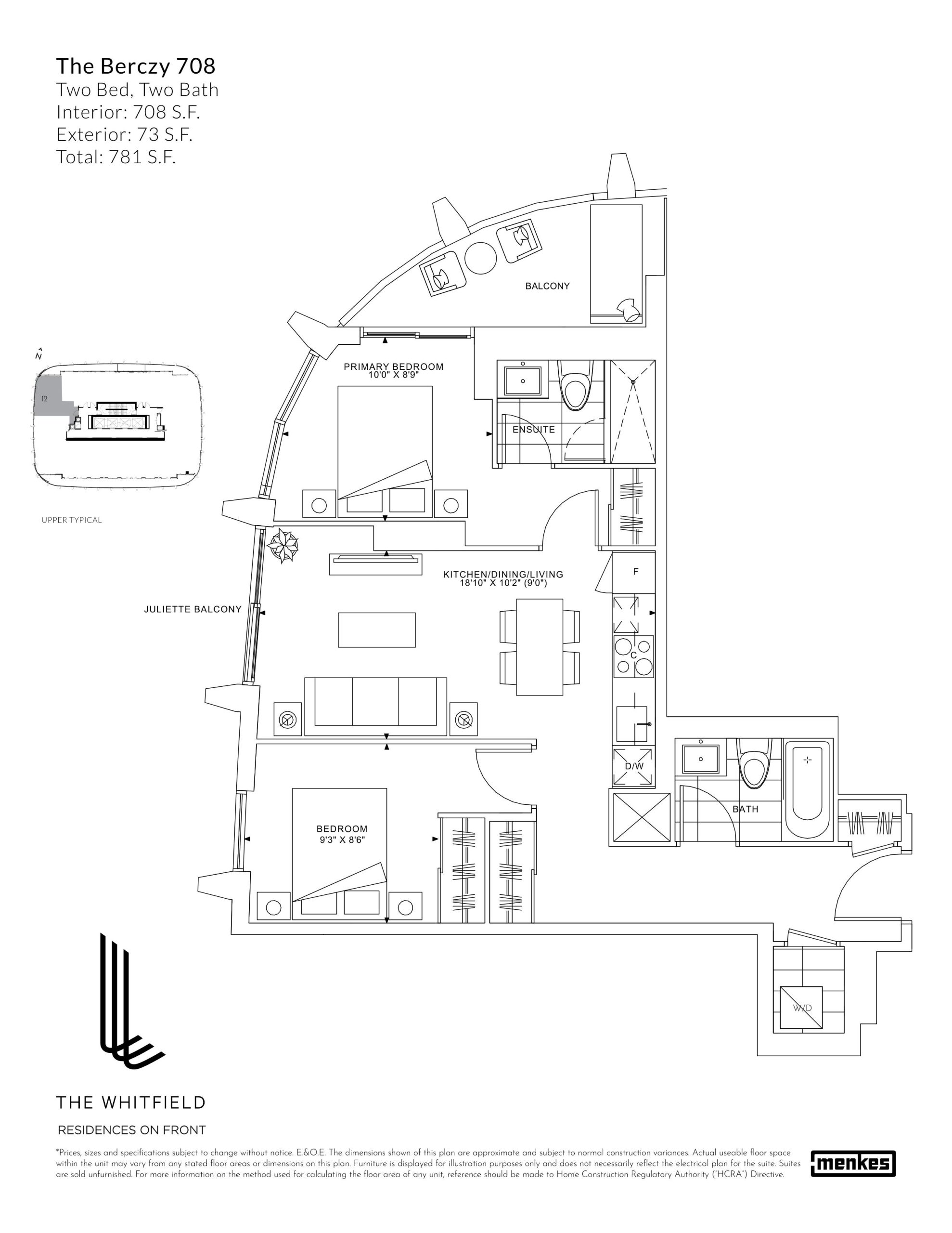 Floor plan: The Berczy 708, 2 Bed 2 Bath, 708 sq ft