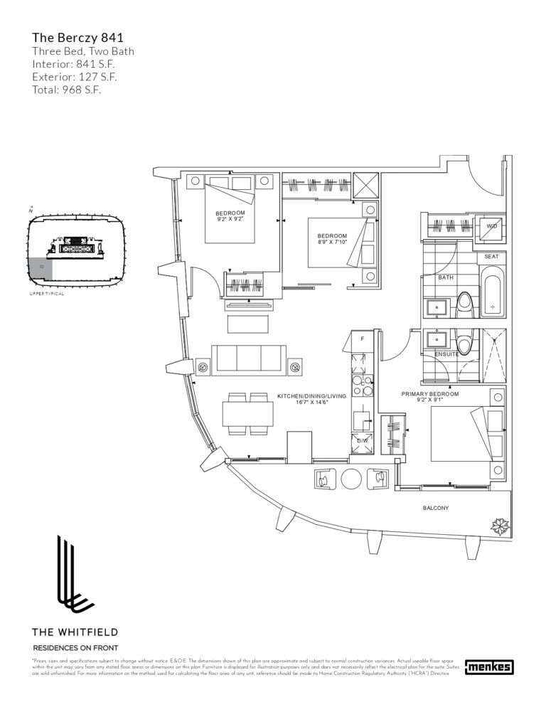 Floor plan: The Berczy 841, 3 Bed 2 Bath, 841 sq ft