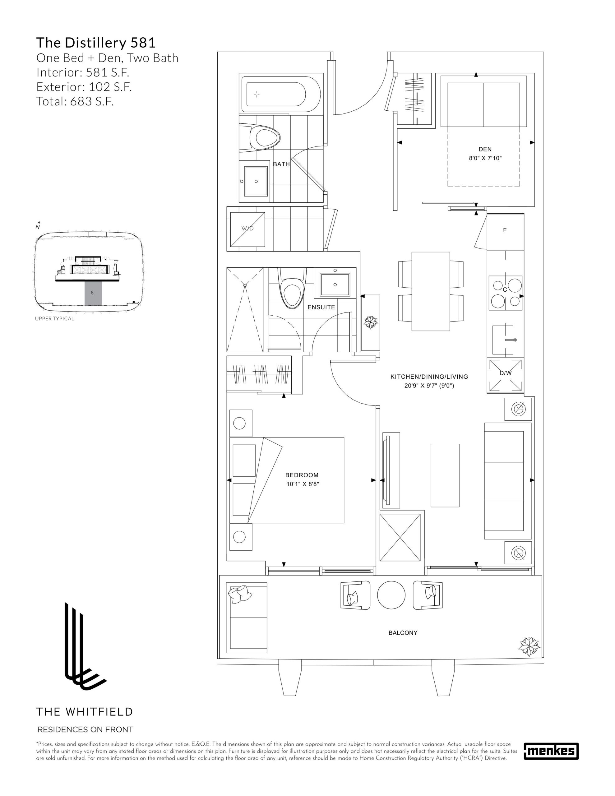 Floor plan: The Distillery 581, 1 Bed+Den 2 Bath, 581 sq ft