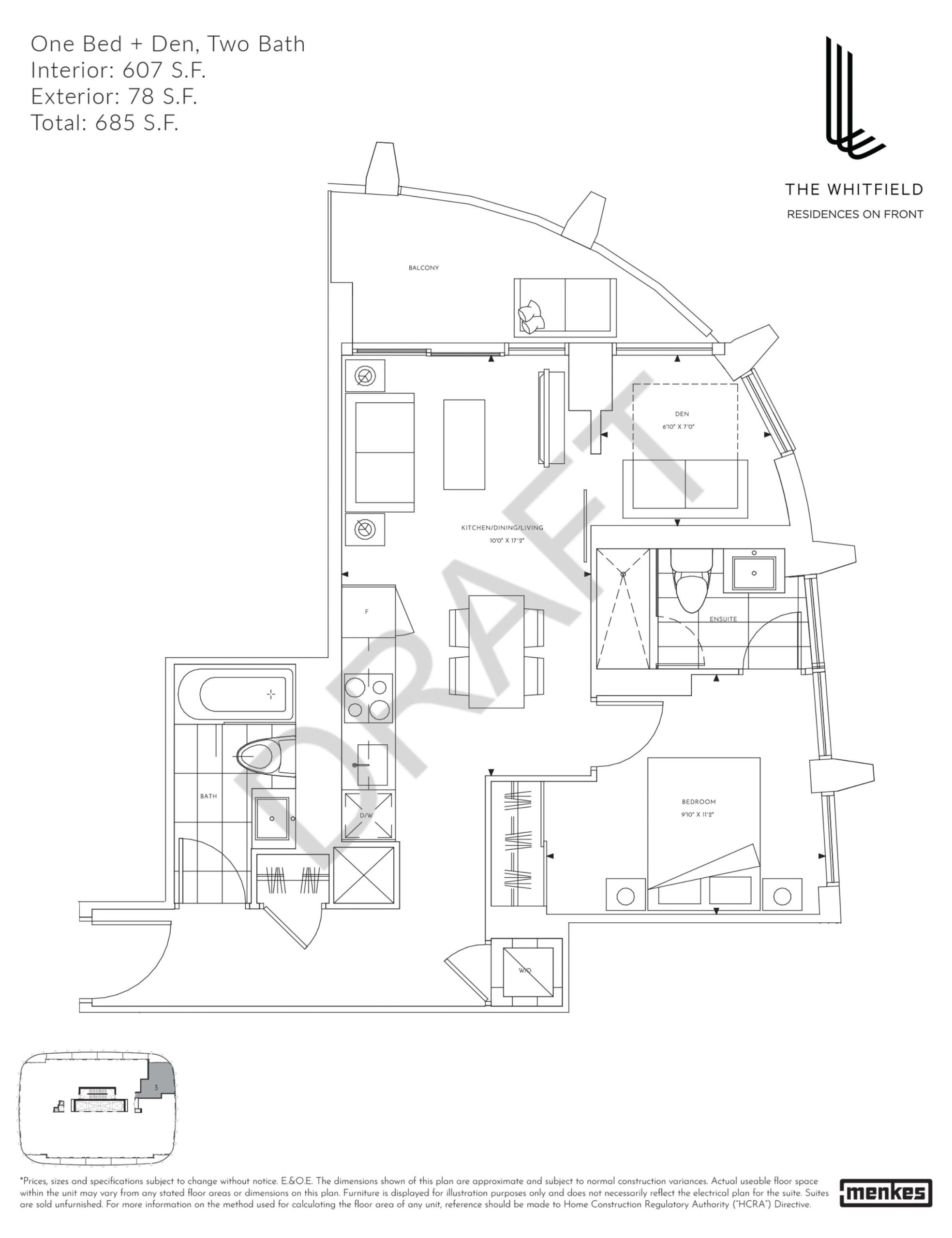 Floor plan: The Distillery 607, 1 Bed+Den 2 Bath, 607 sq ft