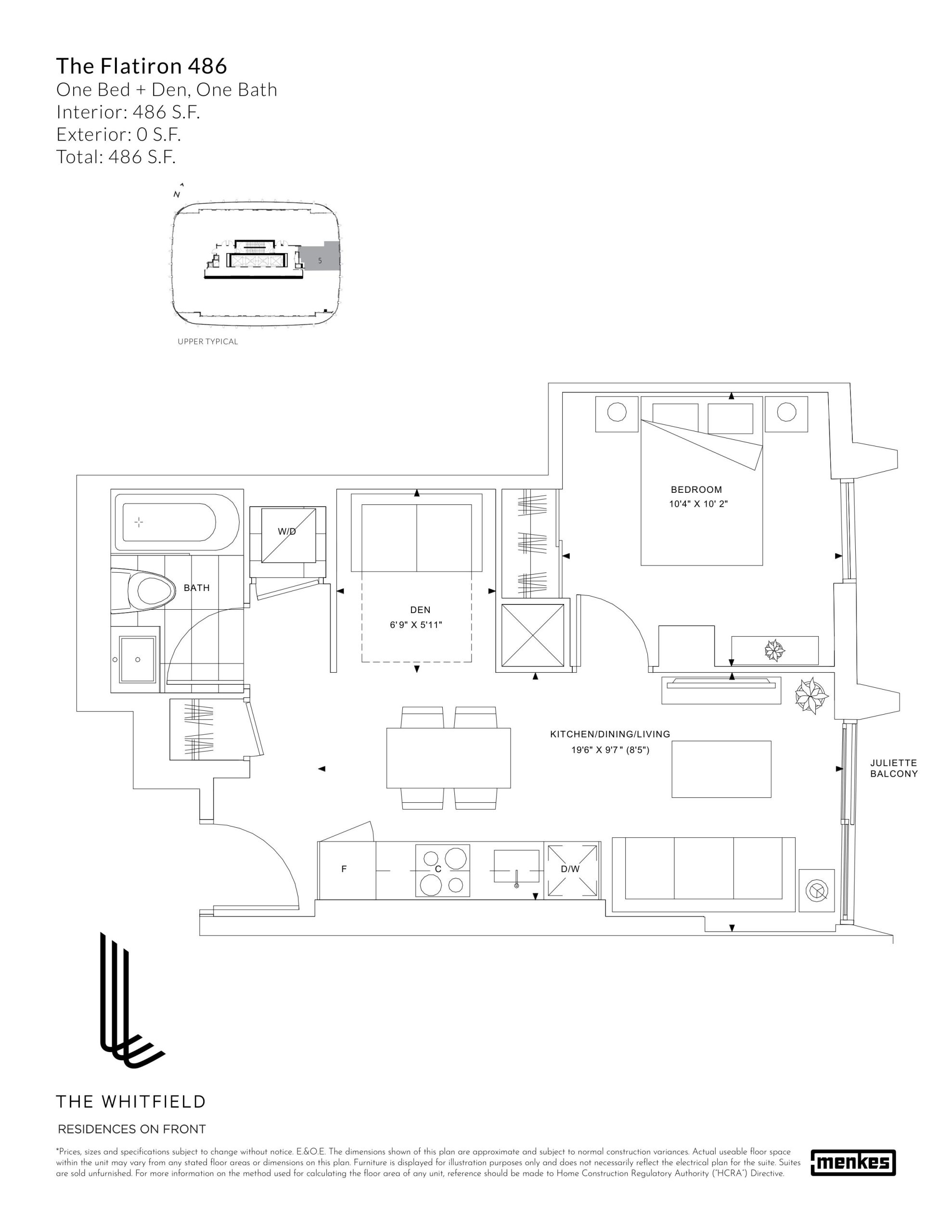 Floor plan: The Flatiron 486, 1 Bed+Den 1 Bath, 486 sq ft
