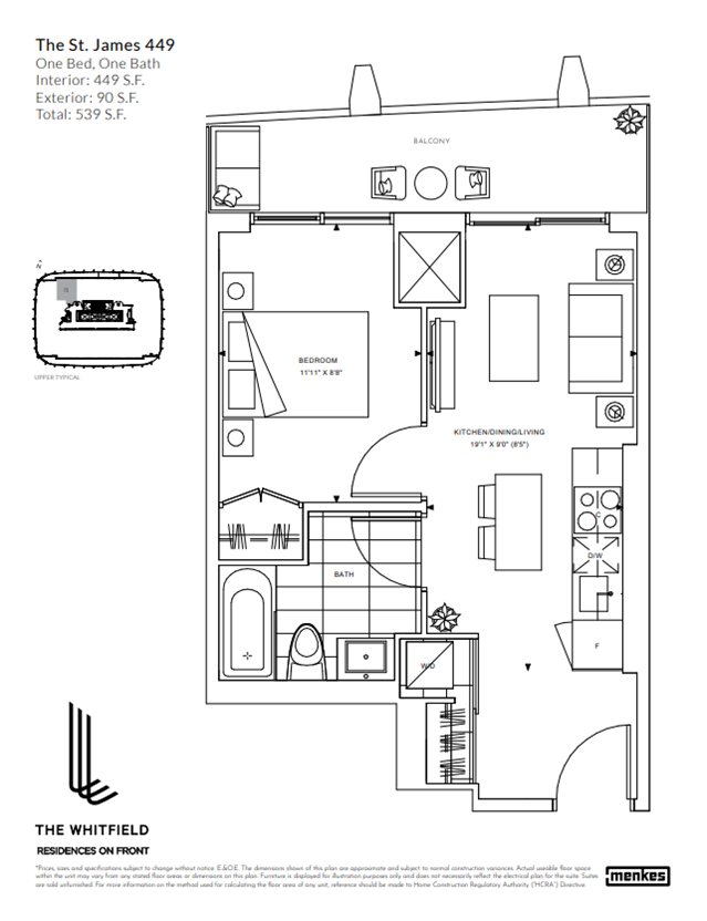 Floor plan: The St James 449, 1 Bed 1 Bath, 449 sq ft