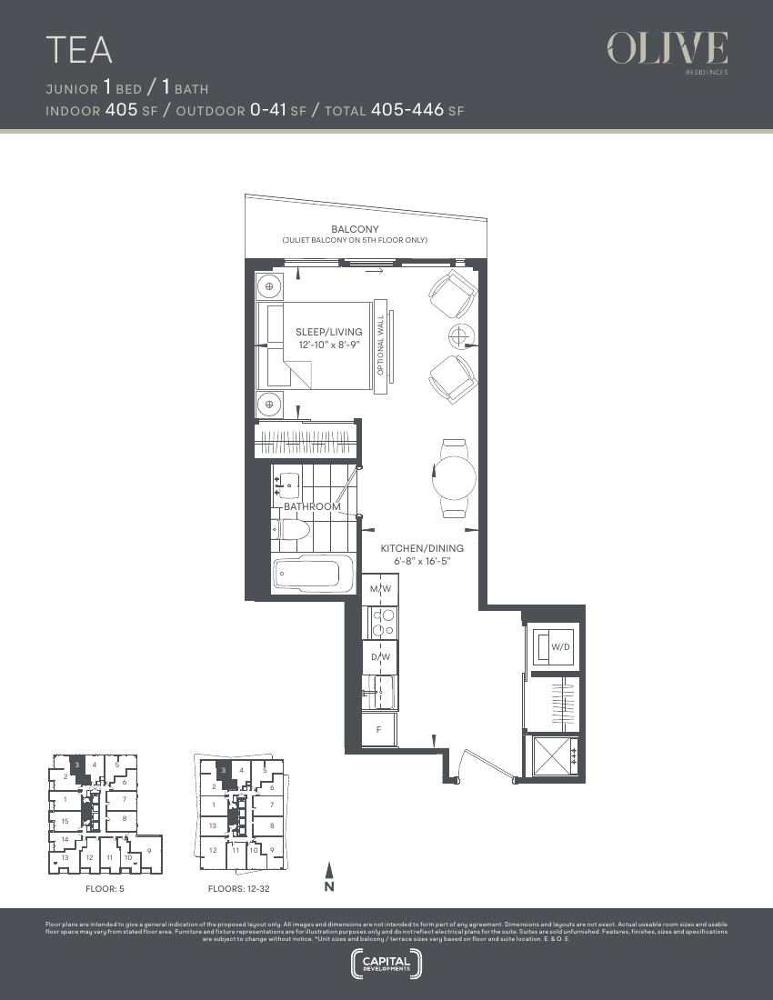 Floor plan: The Tea, Jr 1 Bed 1 Bath, 405 sq ft