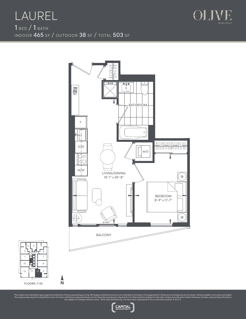Floor plan: The Laurel, 1 Bed 1 Bath, 465 sq ft