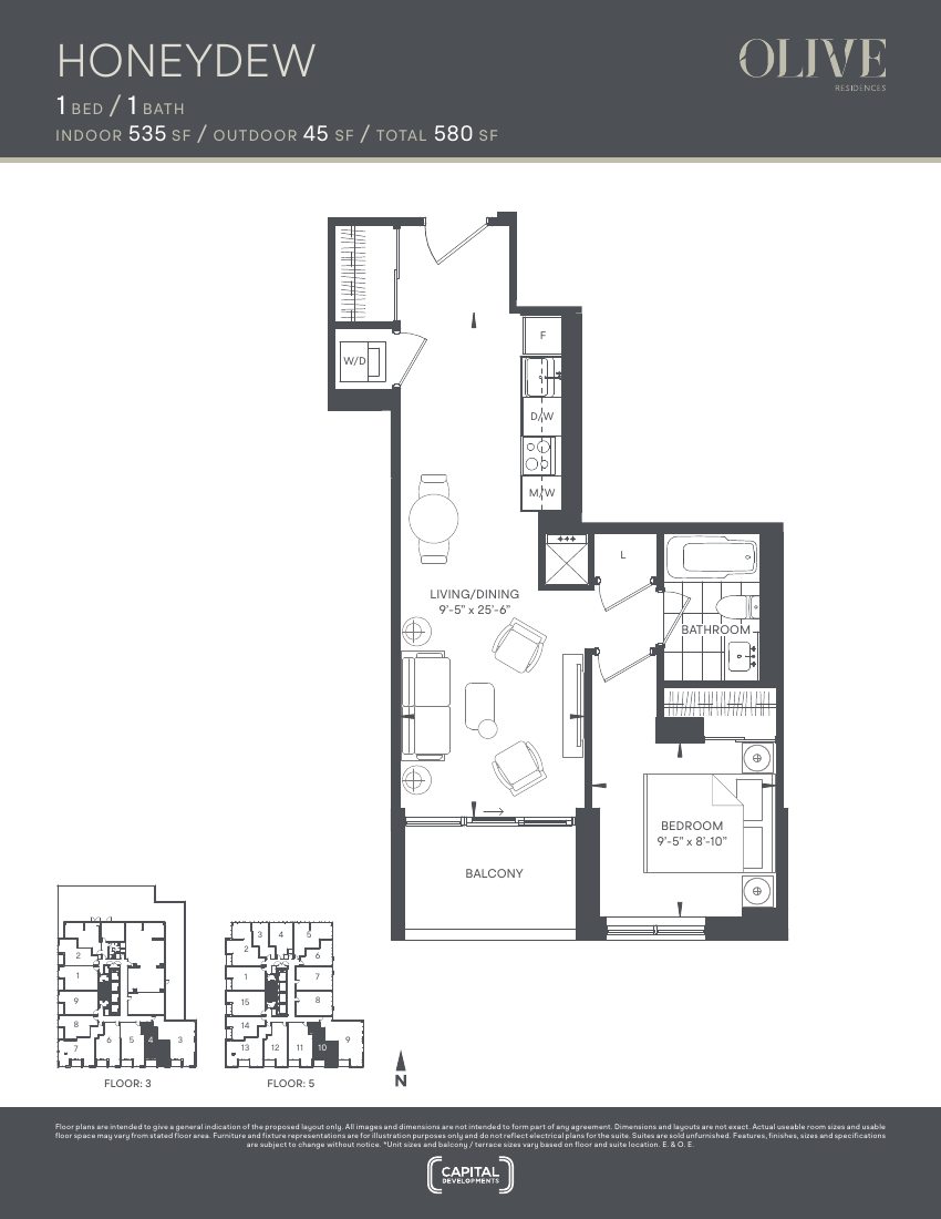 Floor plan: The Honeydew, 1 Bed 1 Bath, 535 sq ft