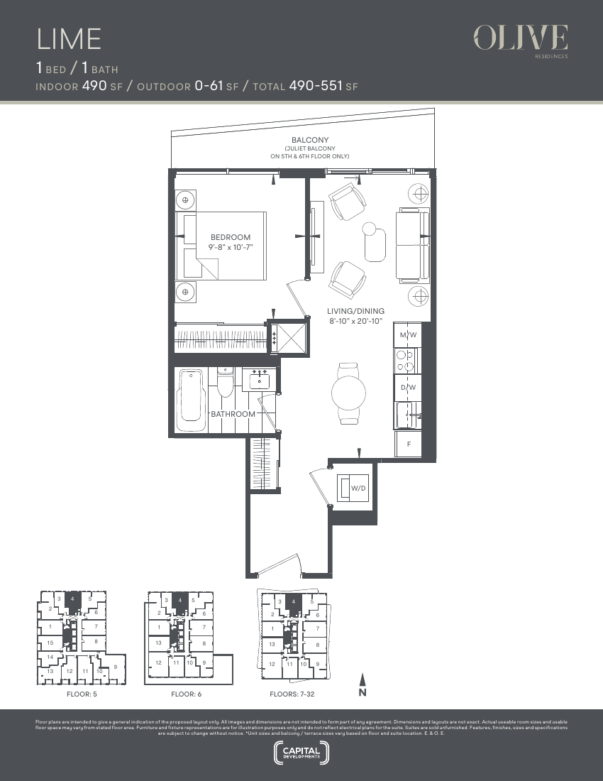 Floor plan: The Lime, 1 Bed 1 Bath, 490 sq ft