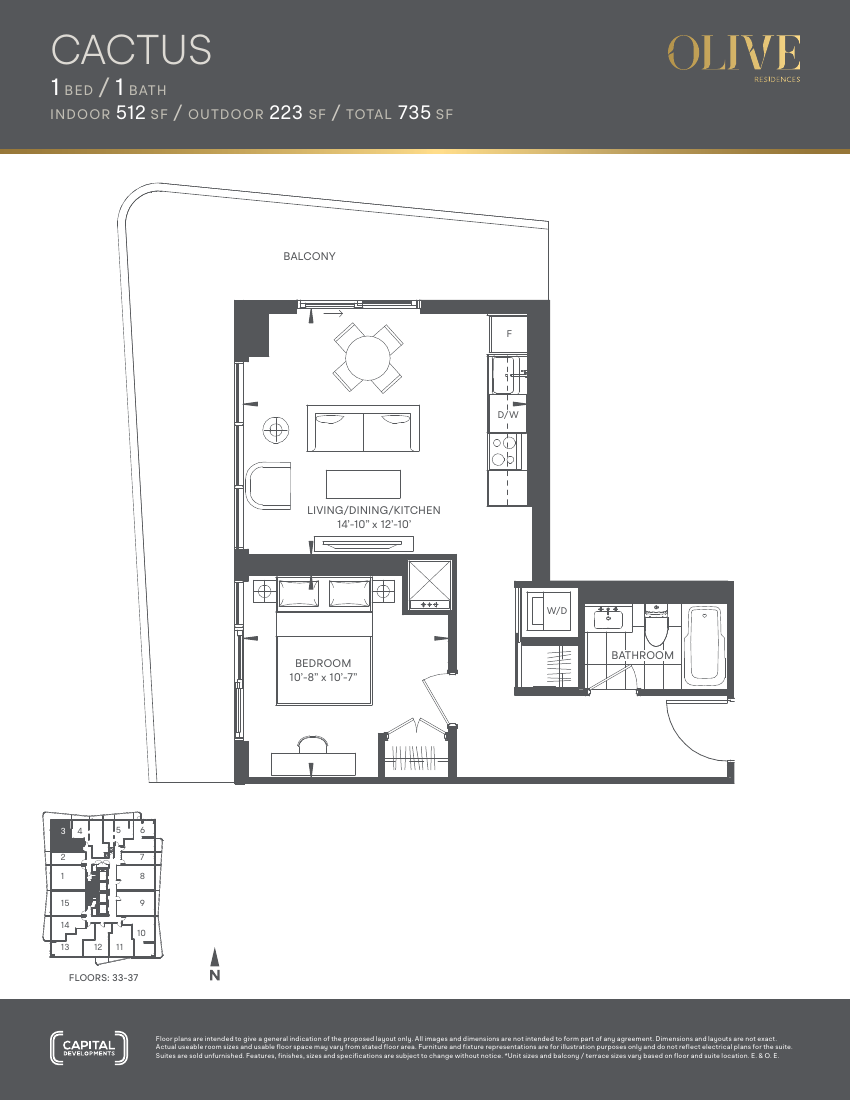 Floor plan: The Cactus, 1 Bed 1 Bath, 512 sq ft