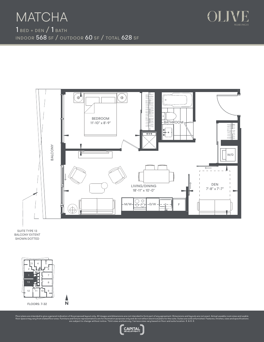 Floor plan: The Matcha, 1 Bed+Den 1 Bath, 568 sq ft