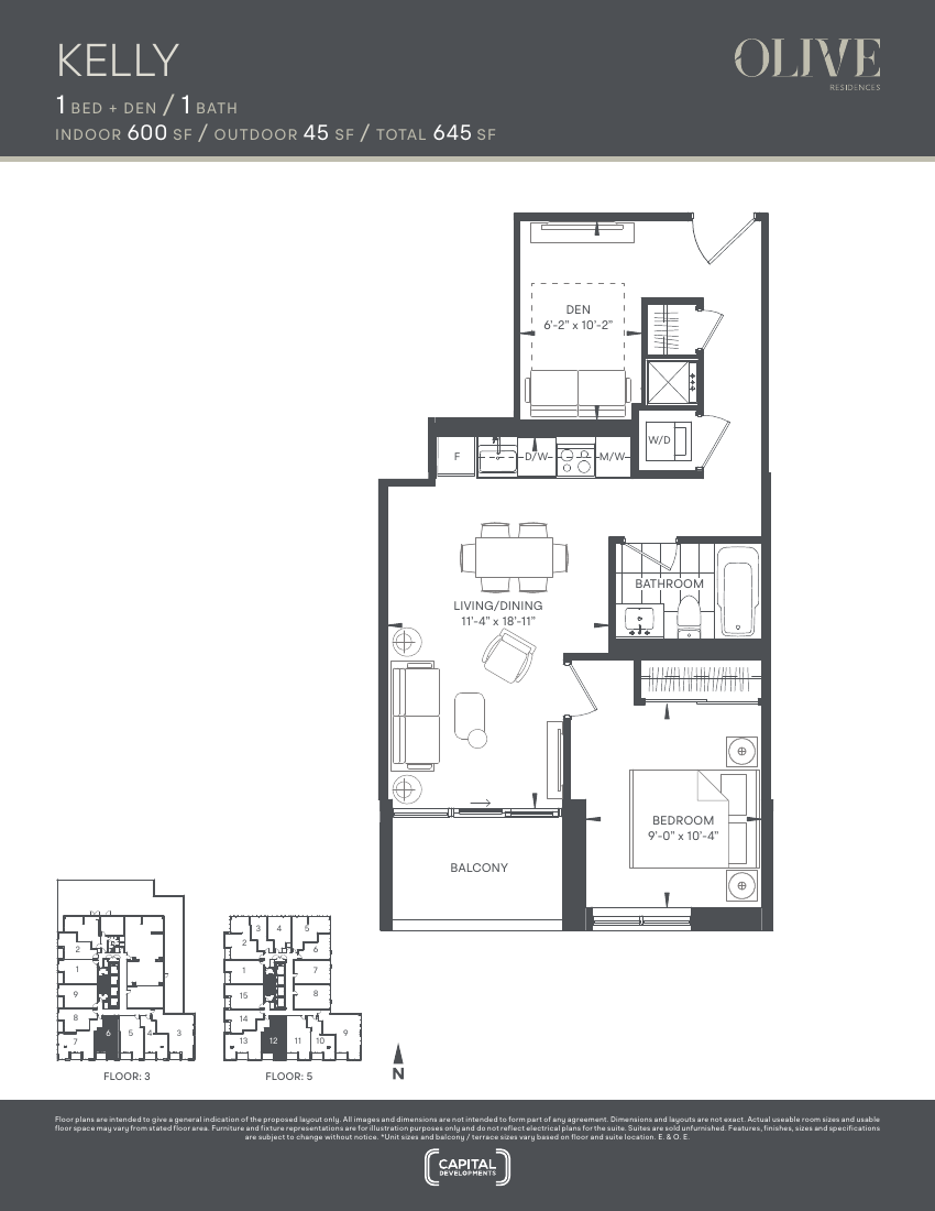 Floor plan: The Kelly, 1 Bed+Den 1 Bath, 600 sq ft