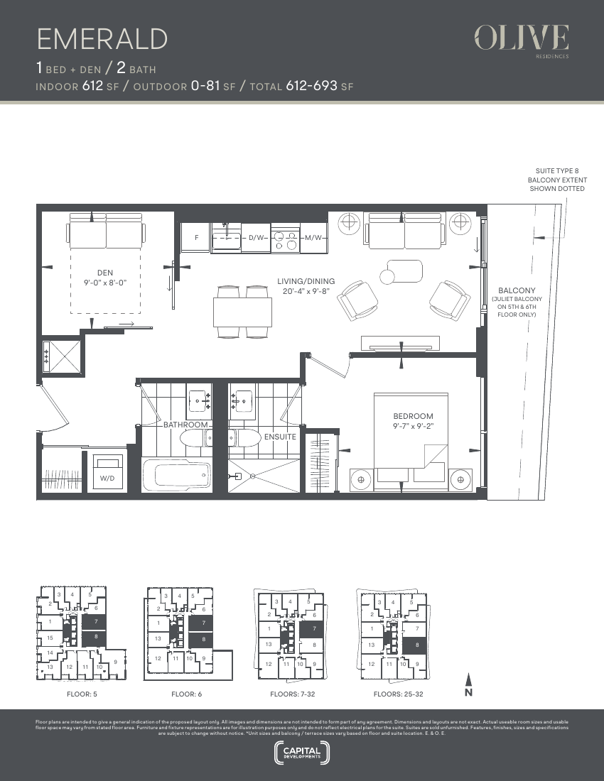 Floor plan: The Emerald, 1 Bed+Den 2 Bath, 612 sq ft
