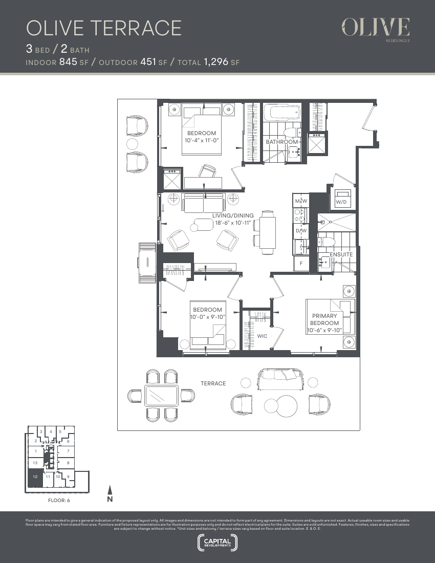 Floor plan: The Olive-T, 3 Bed 2 Bath, 845 sq ft