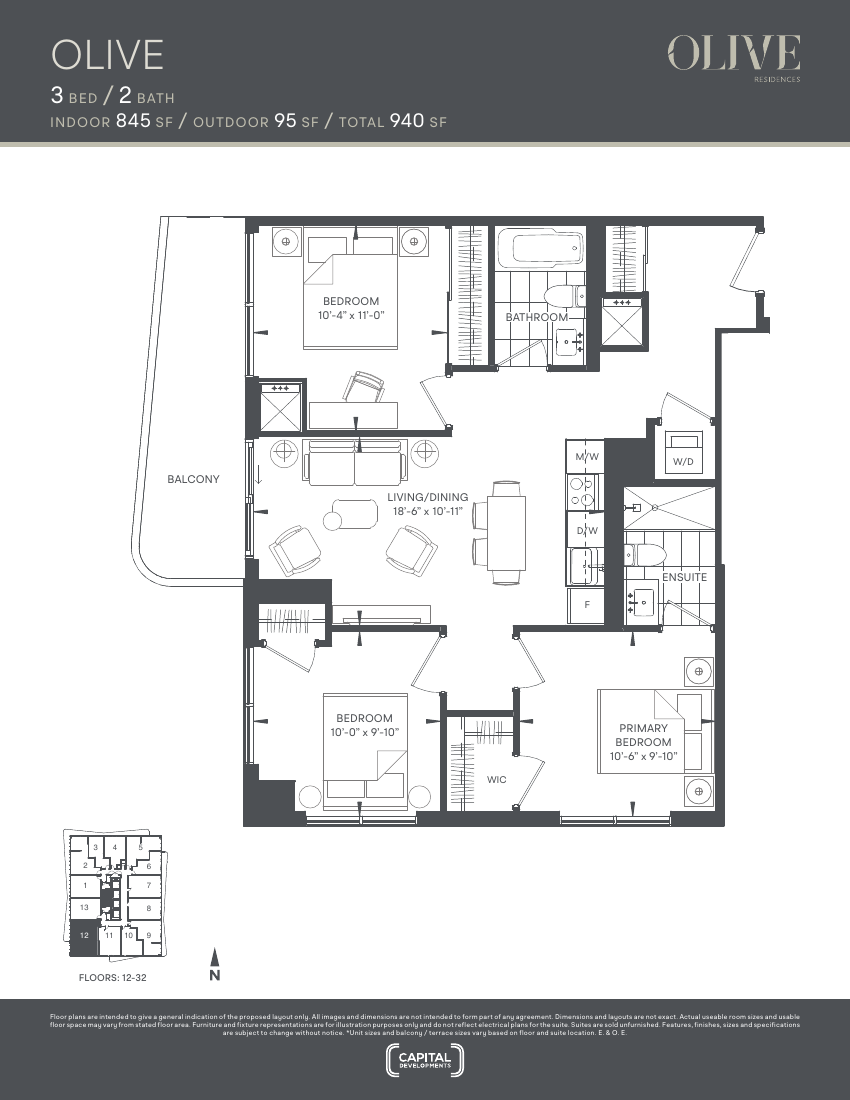 Floor plan: The Olive, 3 Bed 2 Bath, 845 sq ft