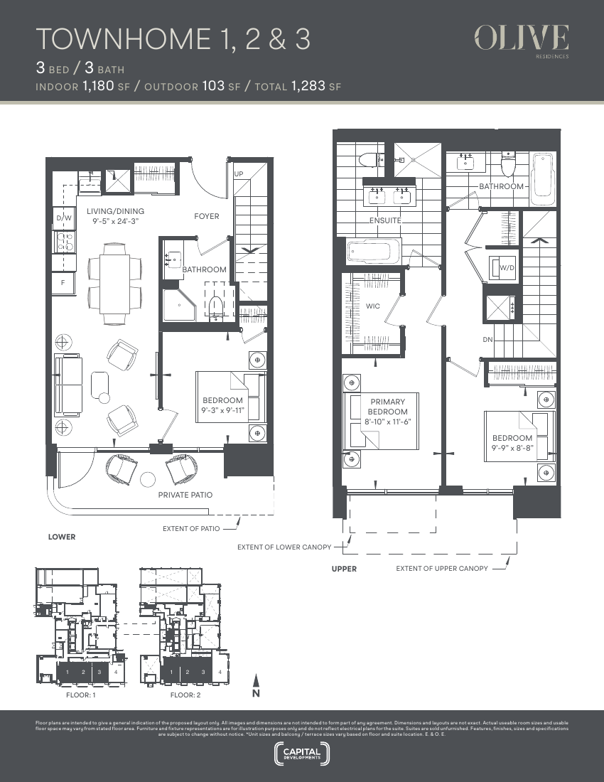 Floor plan: Townhome TH01, 3 Bed 3 Bath, 1,180 sq ft