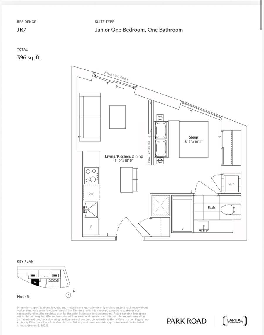 JR7 Jr 1BR 396 sq ft floor plan
