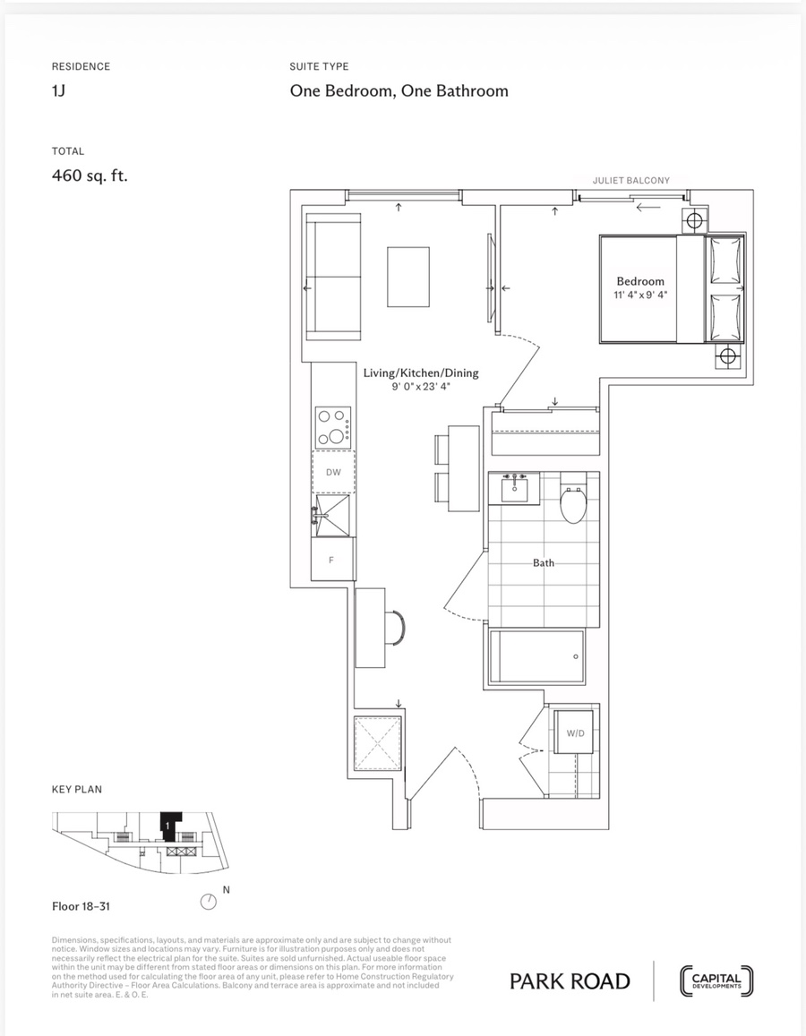 1J 1BR 460 sq ft floor plan