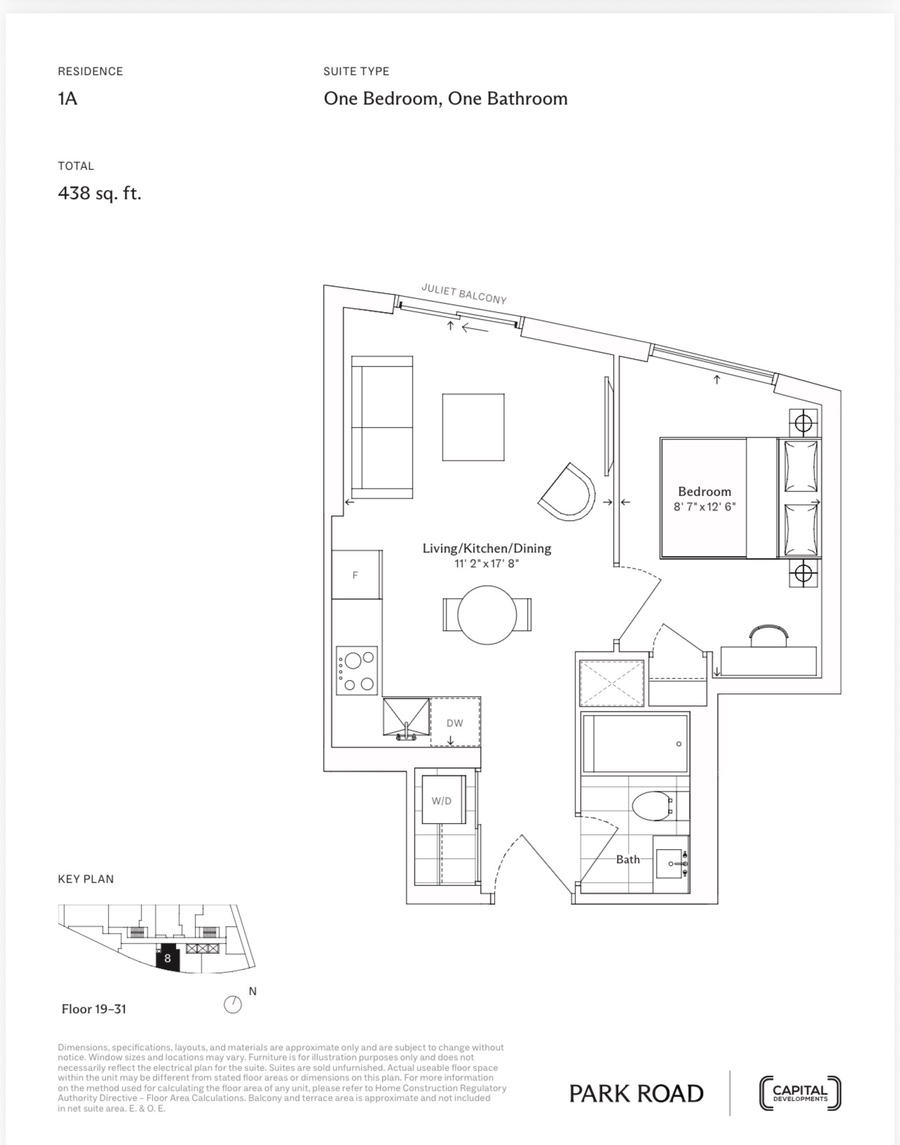 1A 1BR 438 sq ft floor plan