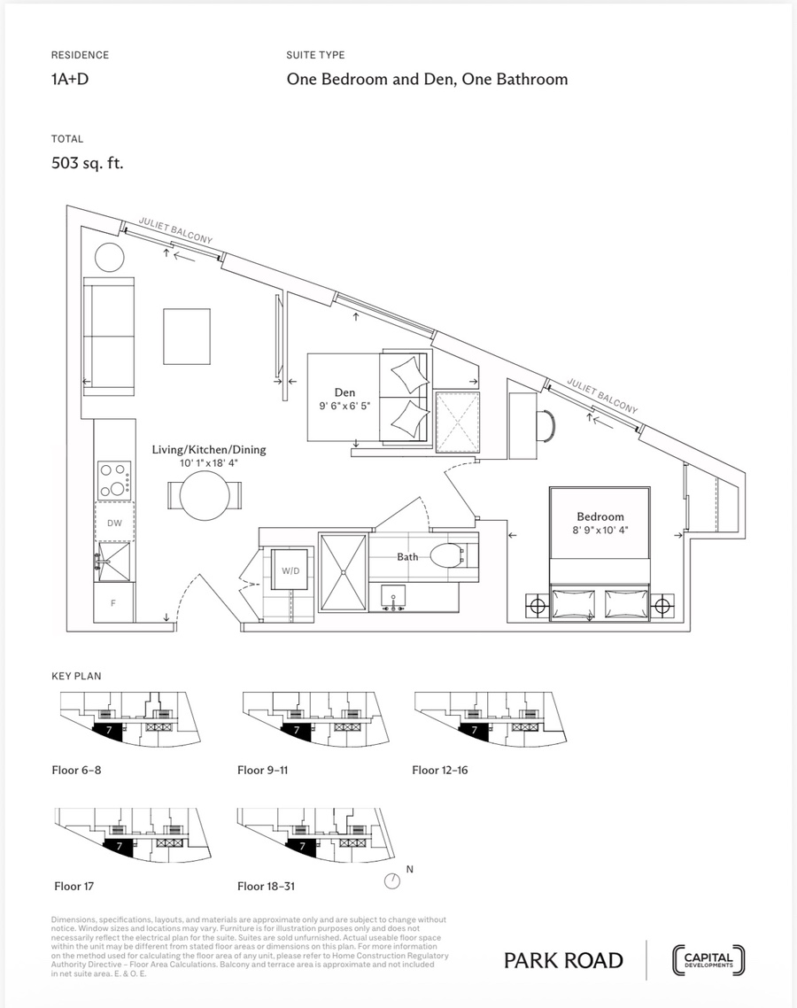 1A+D 1BR+Den 503 sq ft floor plan