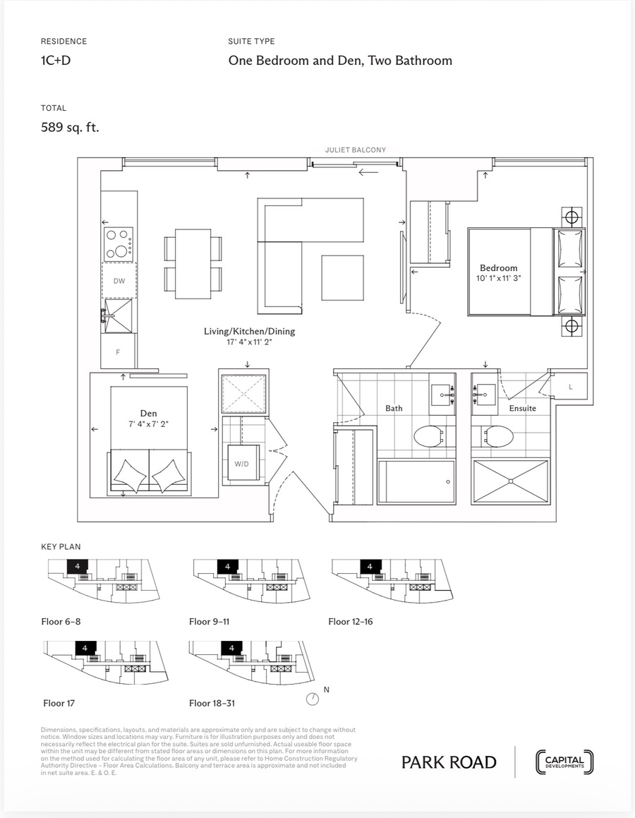 1C+D 1BR+Den 589 sq ft floor plan