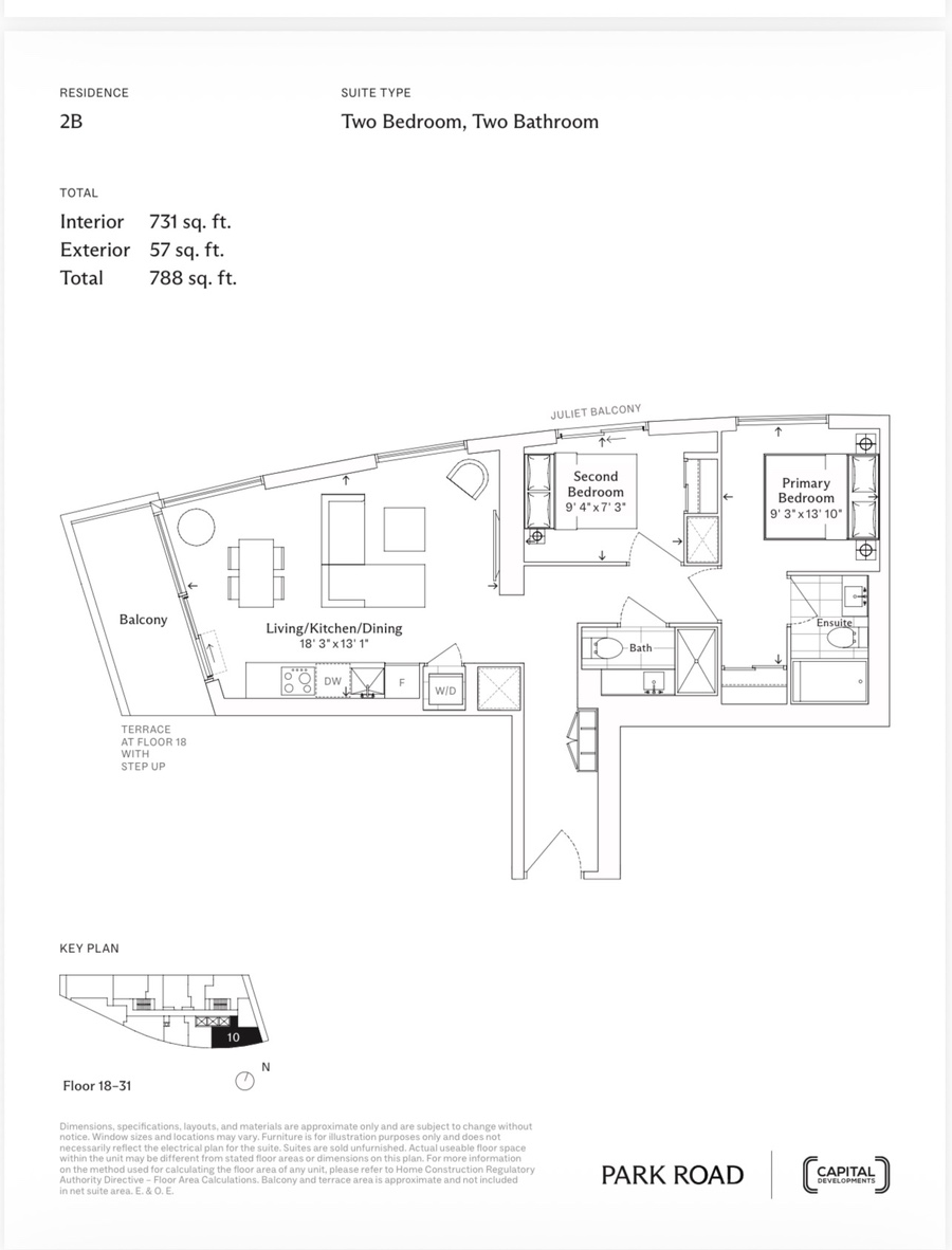 2B 2BR 731 sq ft floor plan