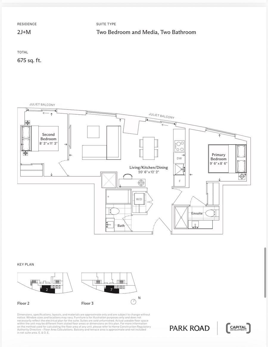 2J+M 2BR+Media 675 sq ft floor plan