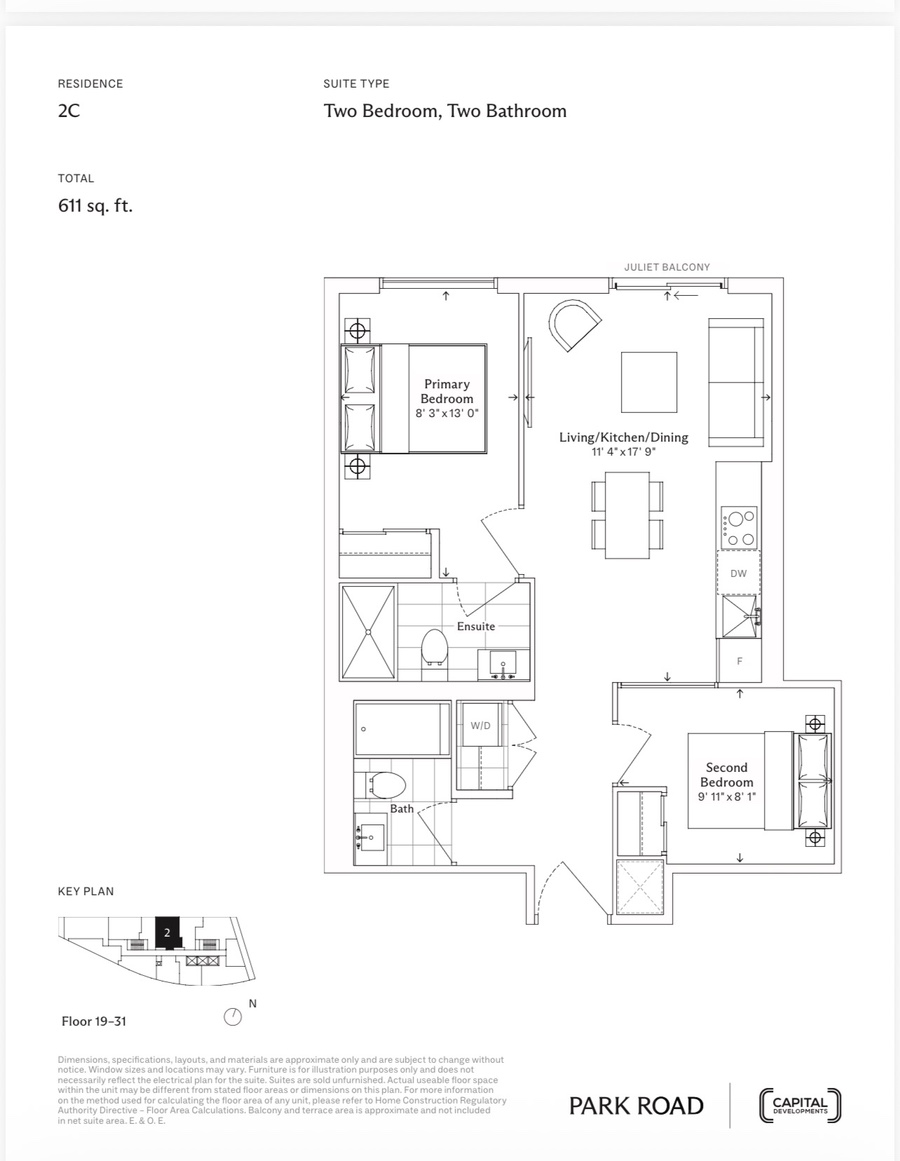 2C 2BR 611 sq ft floor plan