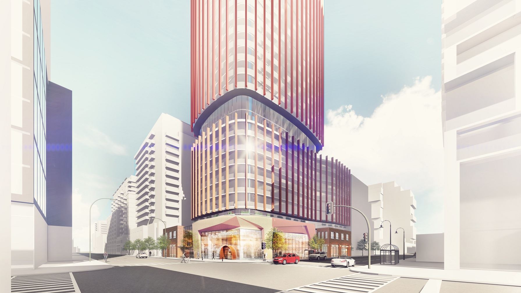 Exterior rendering of The Whitfield tower, street view